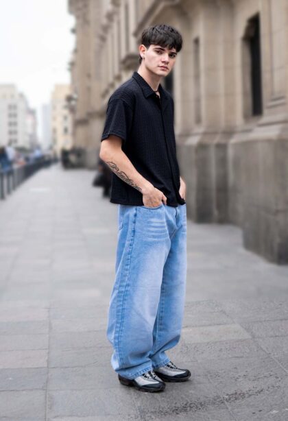 Pack: Camisa Boxy + Pantalón baggy jean Celeste