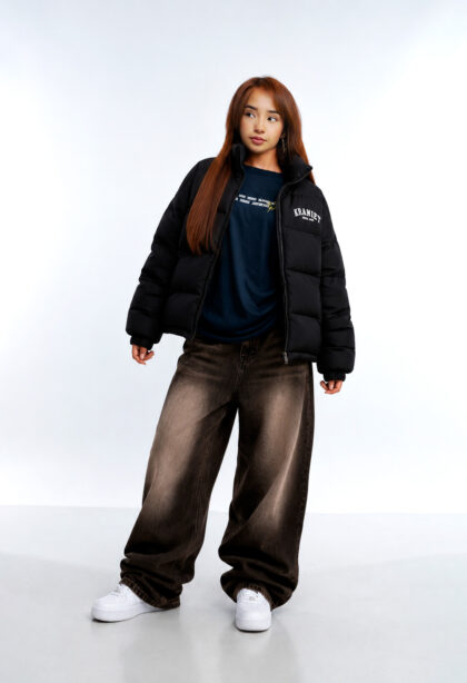 Pack Limitado: Puffer alcochado Negro Unisex + Pantalón Baggy Jean Mocca Unisex